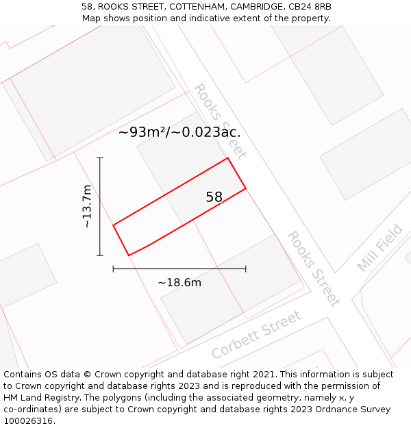 58, ROOKS STREET, COTTENHAM, CAMBRIDGE, CB24 8RB: Plot and title map
