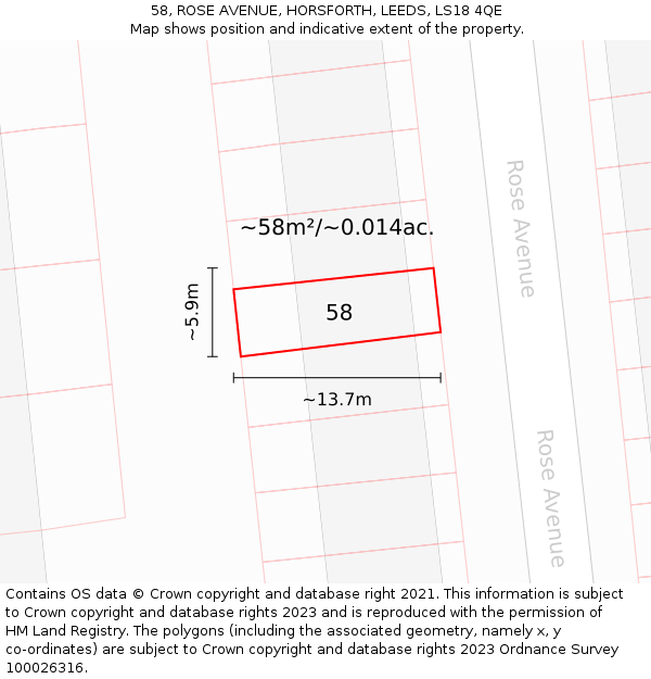 58, ROSE AVENUE, HORSFORTH, LEEDS, LS18 4QE: Plot and title map