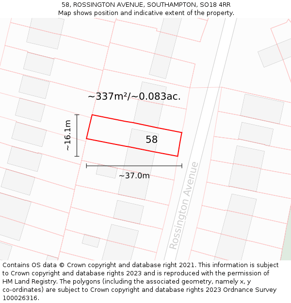 58, ROSSINGTON AVENUE, SOUTHAMPTON, SO18 4RR: Plot and title map
