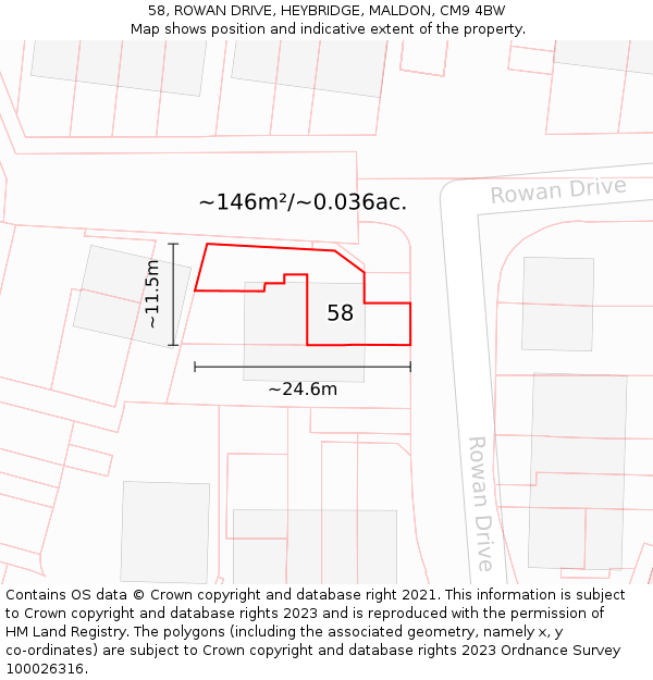 58, ROWAN DRIVE, HEYBRIDGE, MALDON, CM9 4BW: Plot and title map