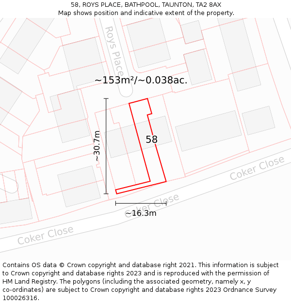 58, ROYS PLACE, BATHPOOL, TAUNTON, TA2 8AX: Plot and title map