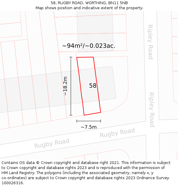 58, RUGBY ROAD, WORTHING, BN11 5NB: Plot and title map