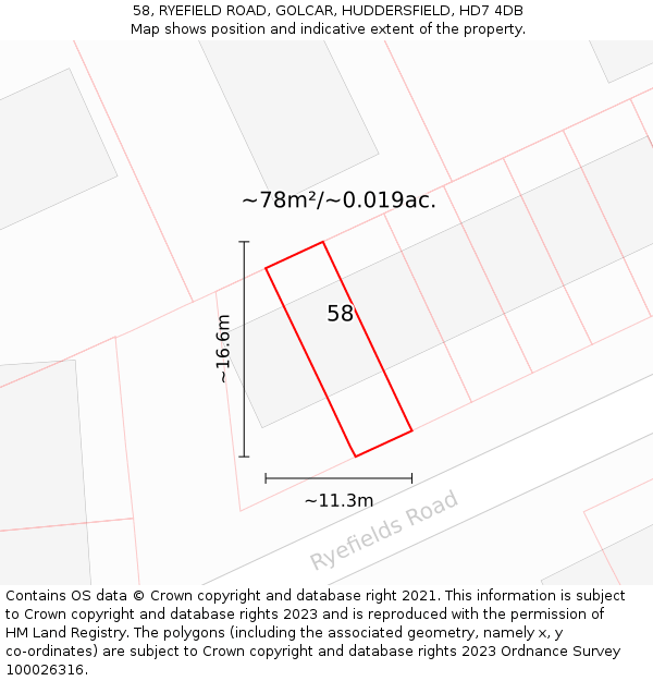 58, RYEFIELD ROAD, GOLCAR, HUDDERSFIELD, HD7 4DB: Plot and title map