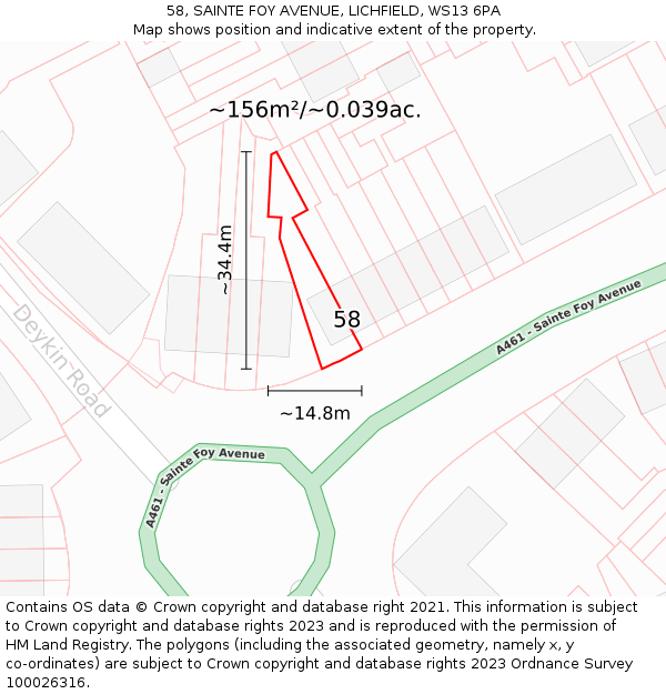 58, SAINTE FOY AVENUE, LICHFIELD, WS13 6PA: Plot and title map