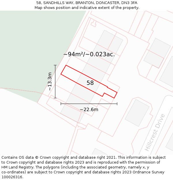 58, SANDHILLS WAY, BRANTON, DONCASTER, DN3 3FA: Plot and title map