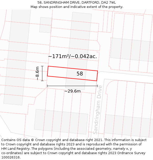 58, SANDRINGHAM DRIVE, DARTFORD, DA2 7WL: Plot and title map