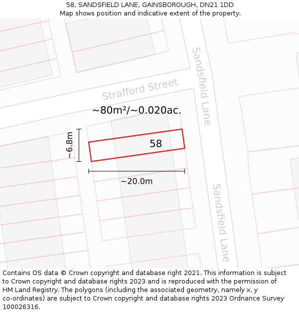 58, SANDSFIELD LANE, GAINSBOROUGH, DN21 1DD: Plot and title map