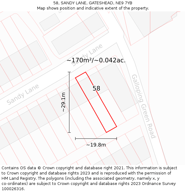 58, SANDY LANE, GATESHEAD, NE9 7YB: Plot and title map