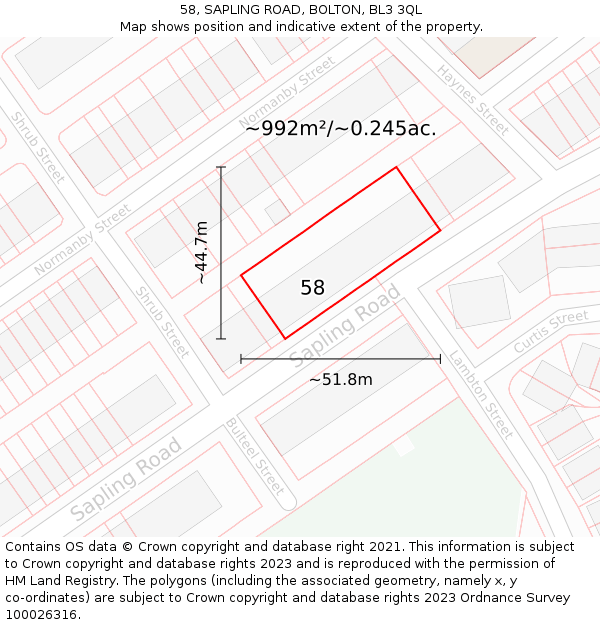 58, SAPLING ROAD, BOLTON, BL3 3QL: Plot and title map