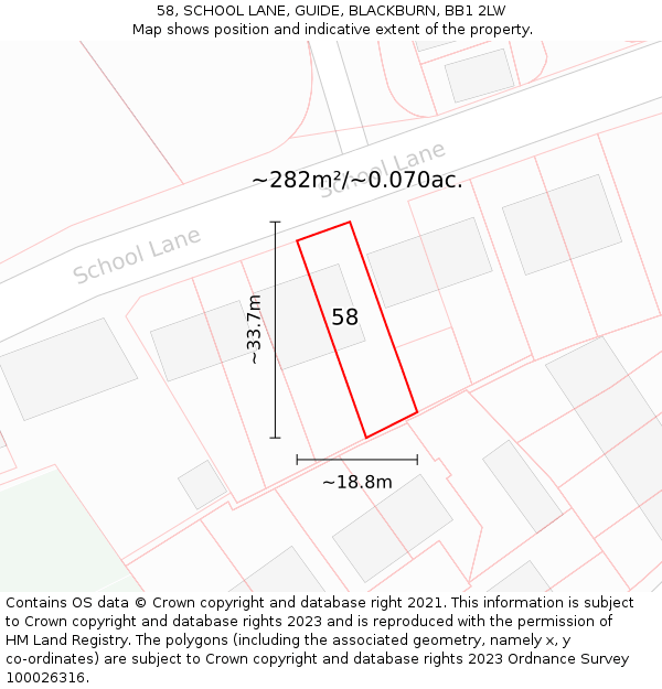 58, SCHOOL LANE, GUIDE, BLACKBURN, BB1 2LW: Plot and title map