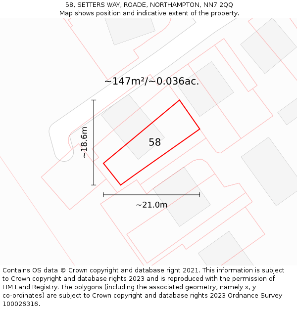 58, SETTERS WAY, ROADE, NORTHAMPTON, NN7 2QQ: Plot and title map