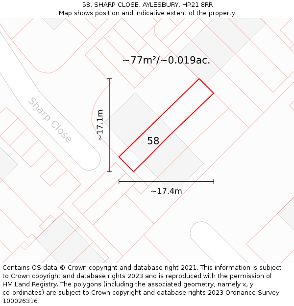 58, SHARP CLOSE, AYLESBURY, HP21 8RR: Plot and title map