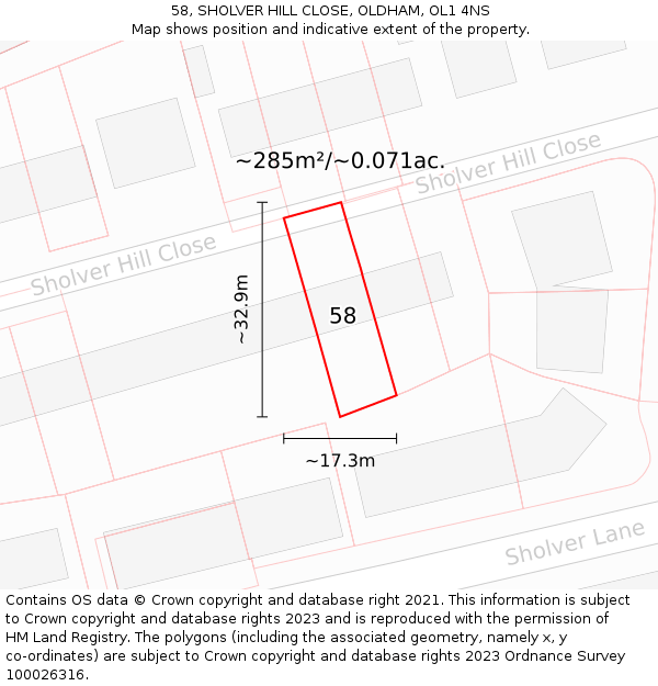 58, SHOLVER HILL CLOSE, OLDHAM, OL1 4NS: Plot and title map