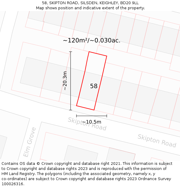 58, SKIPTON ROAD, SILSDEN, KEIGHLEY, BD20 9LL: Plot and title map