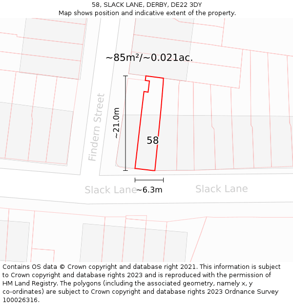58, SLACK LANE, DERBY, DE22 3DY: Plot and title map
