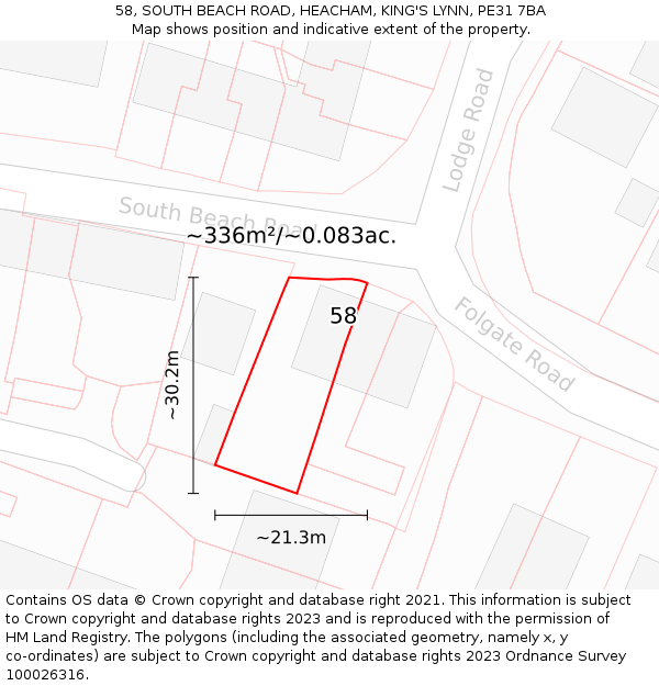 58, SOUTH BEACH ROAD, HEACHAM, KING'S LYNN, PE31 7BA: Plot and title map