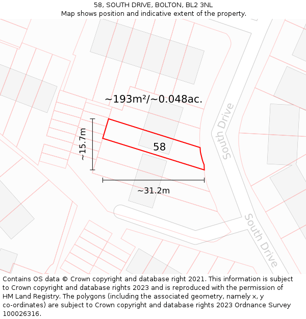 58, SOUTH DRIVE, BOLTON, BL2 3NL: Plot and title map
