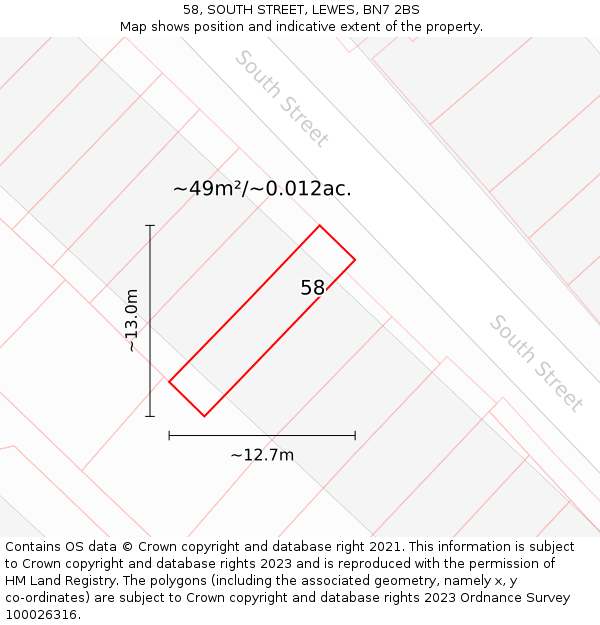 58, SOUTH STREET, LEWES, BN7 2BS: Plot and title map