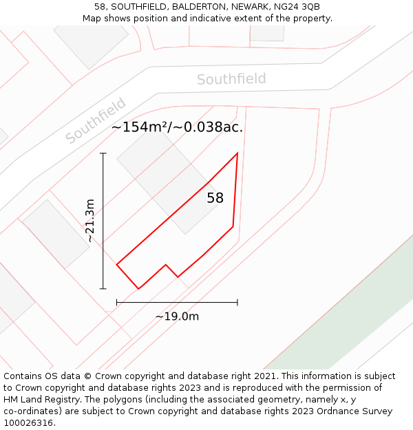 58, SOUTHFIELD, BALDERTON, NEWARK, NG24 3QB: Plot and title map