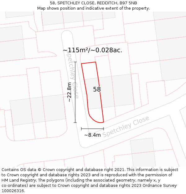 58, SPETCHLEY CLOSE, REDDITCH, B97 5NB: Plot and title map