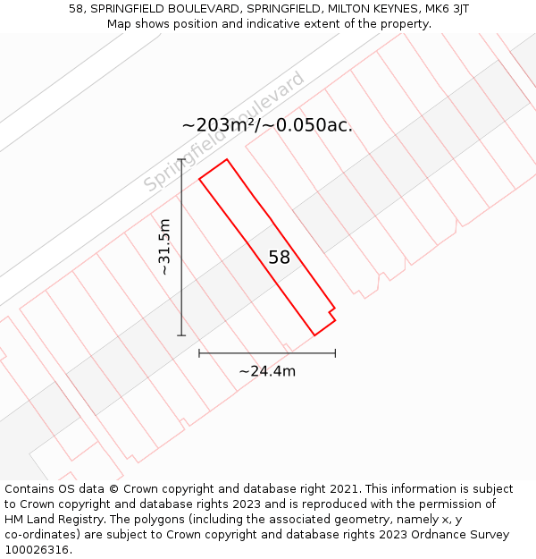 58, SPRINGFIELD BOULEVARD, SPRINGFIELD, MILTON KEYNES, MK6 3JT: Plot and title map