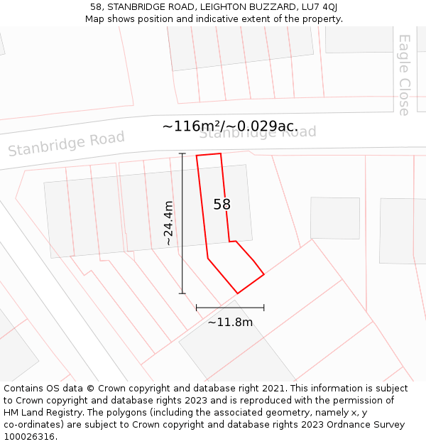 58, STANBRIDGE ROAD, LEIGHTON BUZZARD, LU7 4QJ: Plot and title map