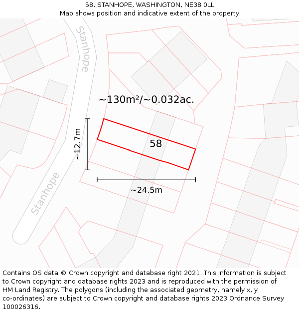 58, STANHOPE, WASHINGTON, NE38 0LL: Plot and title map