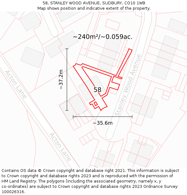 58, STANLEY WOOD AVENUE, SUDBURY, CO10 1WB: Plot and title map