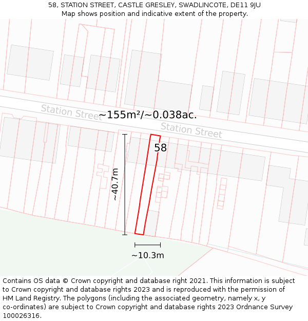 58, STATION STREET, CASTLE GRESLEY, SWADLINCOTE, DE11 9JU: Plot and title map