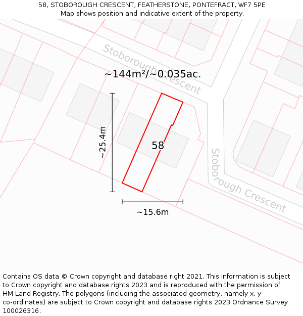 58, STOBOROUGH CRESCENT, FEATHERSTONE, PONTEFRACT, WF7 5PE: Plot and title map