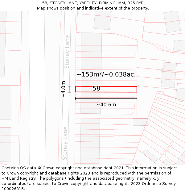 58, STONEY LANE, YARDLEY, BIRMINGHAM, B25 8YP: Plot and title map