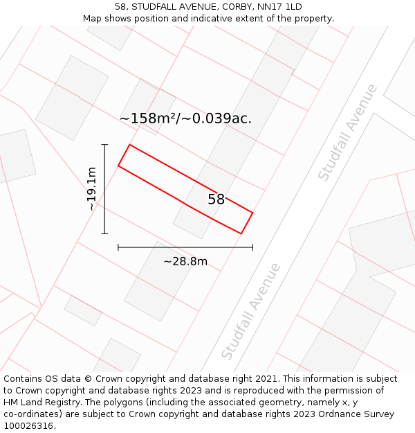58, STUDFALL AVENUE, CORBY, NN17 1LD: Plot and title map