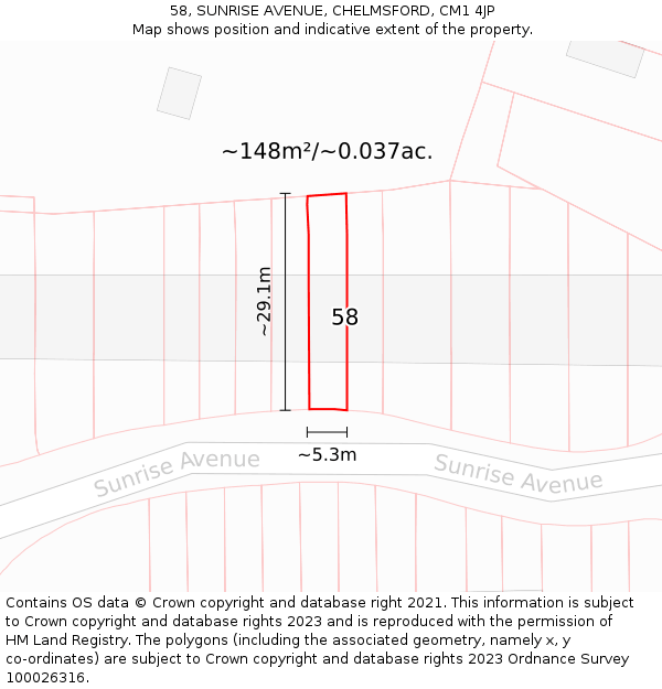 58, SUNRISE AVENUE, CHELMSFORD, CM1 4JP: Plot and title map