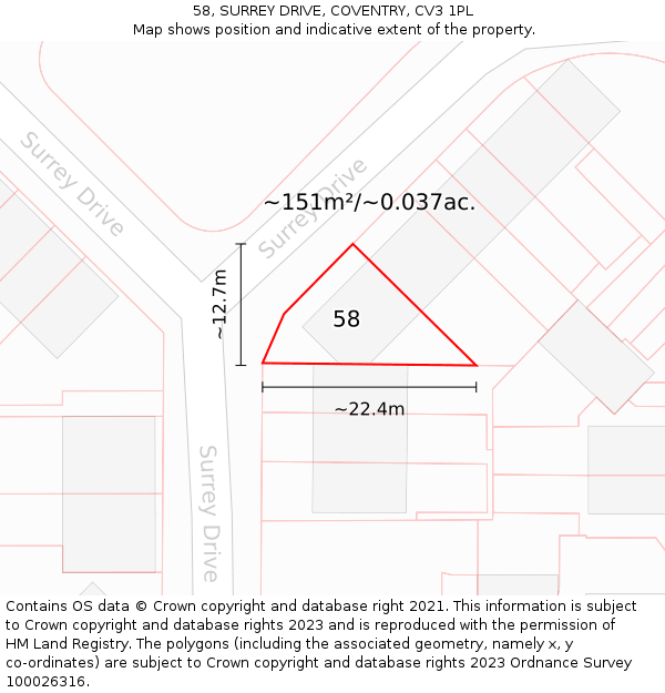 58, SURREY DRIVE, COVENTRY, CV3 1PL: Plot and title map