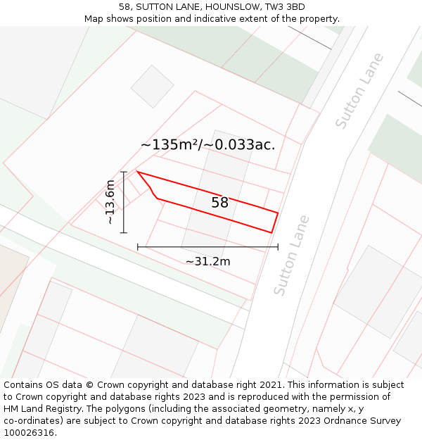 58, SUTTON LANE, HOUNSLOW, TW3 3BD: Plot and title map