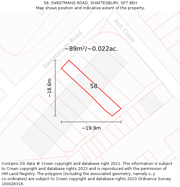58, SWEETMANS ROAD, SHAFTESBURY, SP7 8EH: Plot and title map