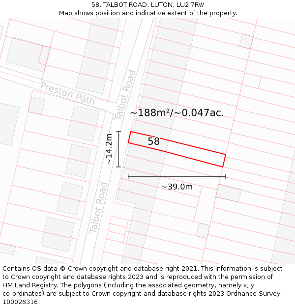58, TALBOT ROAD, LUTON, LU2 7RW: Plot and title map