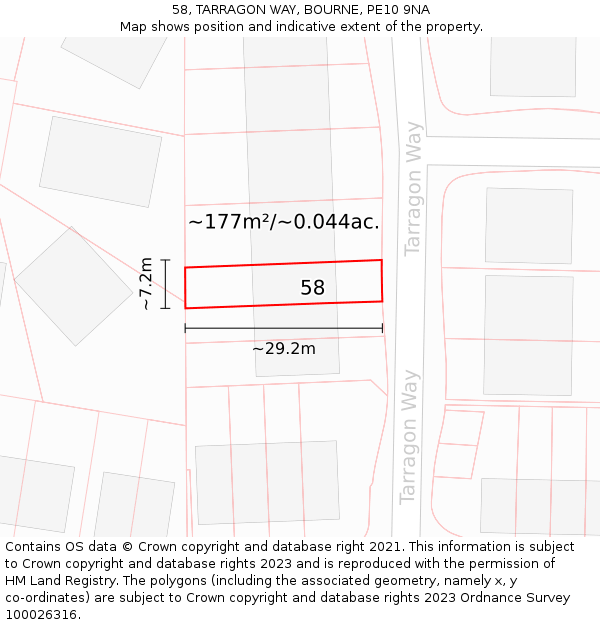 58, TARRAGON WAY, BOURNE, PE10 9NA: Plot and title map