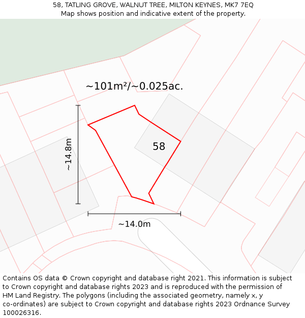 58, TATLING GROVE, WALNUT TREE, MILTON KEYNES, MK7 7EQ: Plot and title map