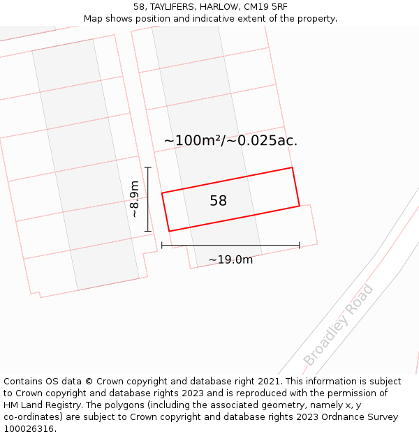 58, TAYLIFERS, HARLOW, CM19 5RF: Plot and title map