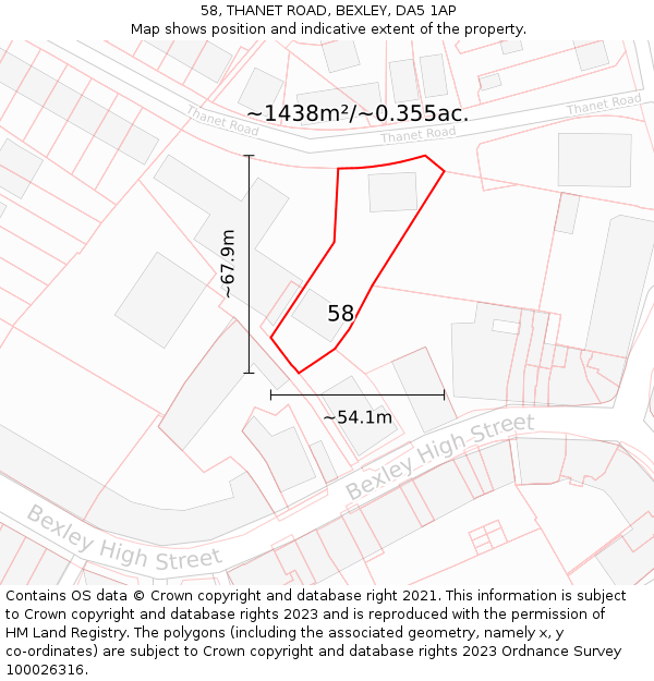 58, THANET ROAD, BEXLEY, DA5 1AP: Plot and title map