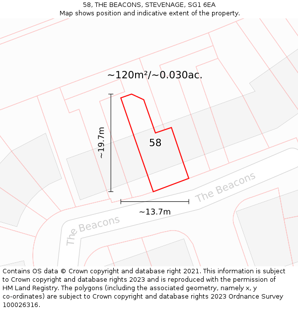 58, THE BEACONS, STEVENAGE, SG1 6EA: Plot and title map