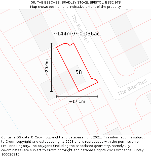 58, THE BEECHES, BRADLEY STOKE, BRISTOL, BS32 9TB: Plot and title map