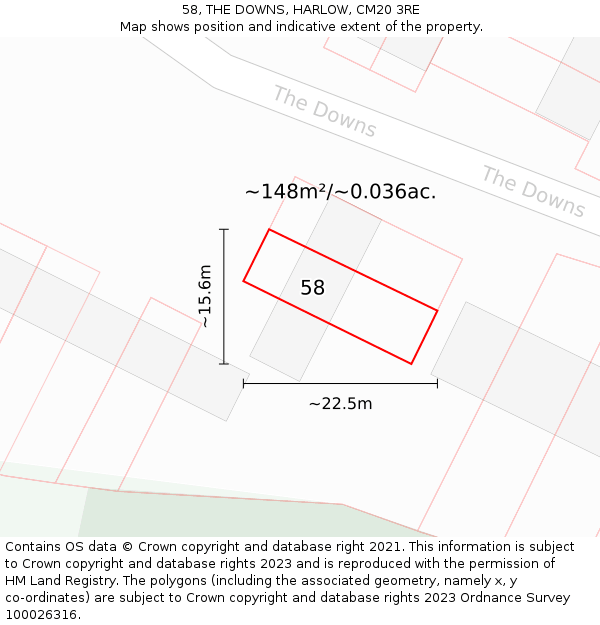 58, THE DOWNS, HARLOW, CM20 3RE: Plot and title map