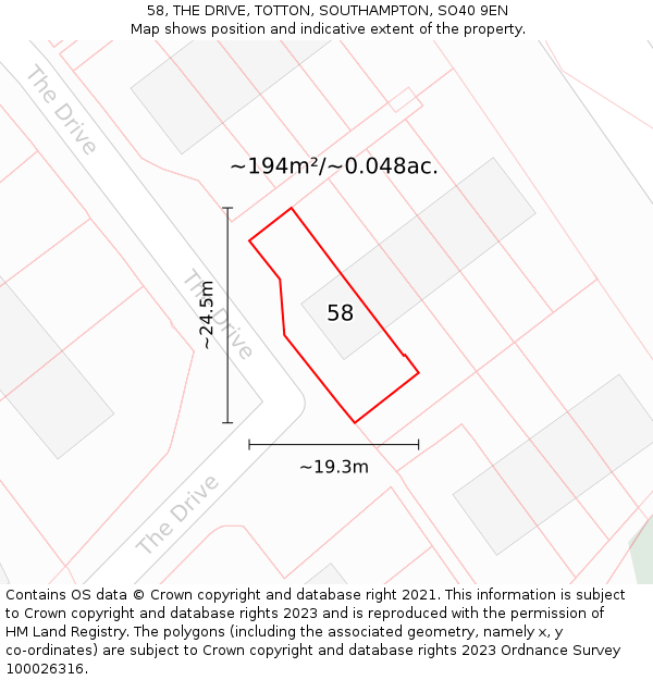 58, THE DRIVE, TOTTON, SOUTHAMPTON, SO40 9EN: Plot and title map