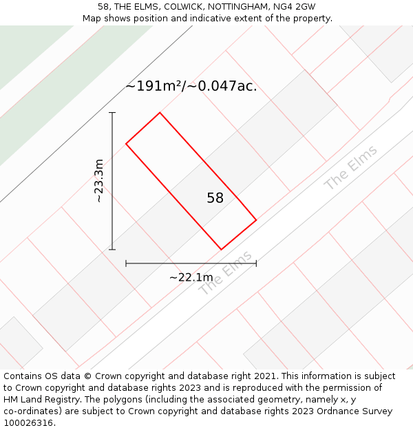 58, THE ELMS, COLWICK, NOTTINGHAM, NG4 2GW: Plot and title map