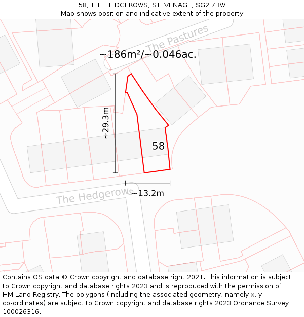 58, THE HEDGEROWS, STEVENAGE, SG2 7BW: Plot and title map