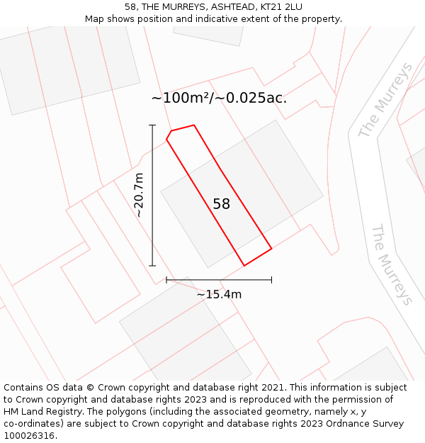 58, THE MURREYS, ASHTEAD, KT21 2LU: Plot and title map