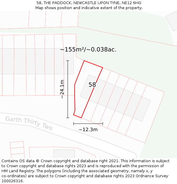 58, THE PADDOCK, NEWCASTLE UPON TYNE, NE12 6HG: Plot and title map