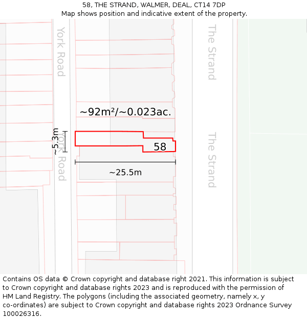 58, THE STRAND, WALMER, DEAL, CT14 7DP: Plot and title map